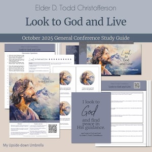 Puede incluir: Una colección de materiales impresos con el título "Look to God and Live" de Elder D. Todd Christofferson. Los materiales incluyen guías de estudio, preguntas de discusión y obras de arte con un retrato de un hombre con barba y el texto "Look to God and Live".