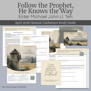 Pode incluir: Uma coleção de guias de estudo e cartões com o texto "Follow the Prophet, He Knows the Way" e "April 2026 General Conference Study Guide". Os guias apresentam uma ilustração de torre e perguntas.
