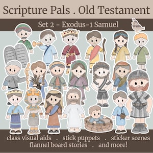 Könnte beinhalten: Eine Sammlung von illustrierten Charakteren aus dem Alten Testament, darunter Figuren mit Trompeten, Kronen und Gewändern. Das Bild zeigt den Text "Scripture Pals. Old Testament" und "Set 2 - Exodus-1 Samuel". Zusätzlicher Text enthält "class visual aids", "stick puppets", "flannel board stories", "sticker scenes" und "and more!"