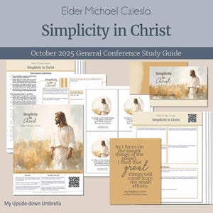 Puede incluir: Una colección de guías de estudio y tarjetas tituladas "Simplicidad en Cristo" por Elder Michael Cziesla. Las guías presentan imágenes de Jesús e incluyen texto como "Guía de estudio de la Conferencia General de Octubre de 2025". La combinación de colores es principalmente beige y azul.