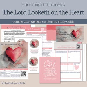 Puede incluir: Una colección de guías de estudio y folletos rosas y blancos con el título "The Lord Looketh on the Heart". Los materiales incluyen preguntas de discusión, ilustraciones de corazones y el texto "I keep my heart strong by trusting the Lord and following His guidance."