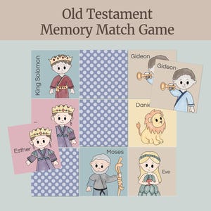 May include: An illustrated memory match game with the text "Old Testament Memory Match Game." The game features cartoon illustrations of biblical figures like King Solomon, Gideon, and Moses. The game cards are arranged in a grid with polka dot backgrounds.