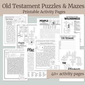 Könnte beinhalten: Eine Sammlung von druckbaren Aktivitätsseiten mit Altes Testament-Rätseln und Labyrinthen. Die Seiten enthalten Labyrinthe, Kreuzworträtsel und Wortsuchspiele mit Titeln wie "Escape the Lions" und "Jonah & The Whale". Der Text "40+ activity pages" ist ebenfalls enthalten.