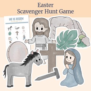 Può includere: Un gioco di caccia al tesoro di Pasqua con un'illustrazione colorata di Gesù, una croce, un asino, una pietra, una foglia di palma e una donna in preghiera. Il gioco include un elenco di controllo stampabile con il testo "He is Risen Scavenger Hunt".