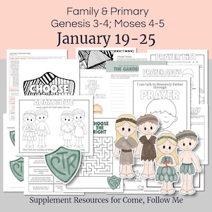 Op de afbeelding: Een verzameling printbare bronnen voor Kom en volg Mij, waaronder kleurplaten, doolhoven en uitknipfiguren. De tekst bevat "Familie & Primaire", "Genesis 3-4; Mozes 4-5" en "19-25 januari". De illustraties tonen Adam en Eva.