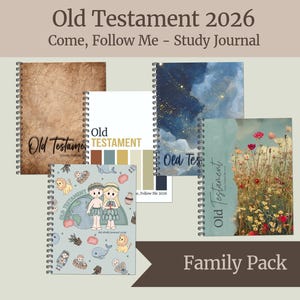 May include: A selection of spiral-bound study journals, each featuring a different cover design. The journals are titled "Old Testament 2026" and "Come, Follow Me - Study Journal." Cover art includes textured paper, a blue watercolor sky, and floral artwork. The words "Family Pack" are displayed.
