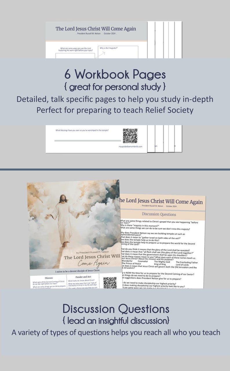 Peut inclure: Un cahier d'exercices imprimable avec un design bleu et blanc. Le cahier est intitul&eacute; "Le Seigneur J&eacute;sus-Christ reviendra" et pr&eacute;sente une citation du pr&eacute;sident Russell M. Nelson. Le cahier comprend des questions de discussion et des activit&eacute;s li&eacute;es &agrave; la Seconde Venue de J&eacute;sus-Christ.