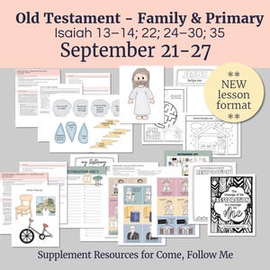 Puede incluir: Una colección de hojas de actividades educativas impresas para niños con temas religiosos. Las páginas incluyen ilustraciones de una figura, una bicicleta, una silla y varias hojas de trabajo con texto bajo el título Old Testament - Family & Primary.