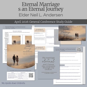 May include: A collection of study guides and promotional materials with the title "Eternal Marriage is an Eternal Journey" by Elder Neil L. Andersen. The design features a couple walking together, with text and a QR code.
