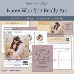 以下が含まれることがあります： 「Know Who You Really Are」のテキストが印刷された学習ガイドとカードのコレクション。ガイドには、イエス・キリストが若い人を抱きしめている画像が掲載されています。カラーパレットには、ソフトピンク、クリーム、ブルーが含まれています。「October 2025 General Conference Study Guide」のテキストも表示されています。