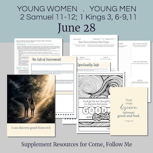May include: A collection of printable resources for religious study. The image includes various pages with text, illustrations, and the phrases "Young Women, Young Men", "June 28", and "I can discern good from evil".