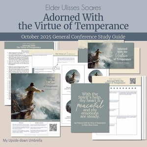 Puede incluir: Una colección de guías de estudio y tarjetas con el título "Adorned With the Virtue of Temperance" de Elder Ulisses Soares. Las guías presentan imágenes de una persona en un acantilado. El texto incluye "October 2025 General Conference Study Guide."