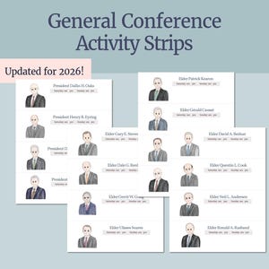 May include: A digital print featuring "General Conference Activity Strips" updated for 2026. The image includes illustrations of various leaders with their names and activity prompts. The background is a light blue color.