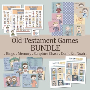 May include: A bundle of Old Testament games, including Bingo, Memory, and Scripture Chase. The games feature colorful illustrations of biblical figures and scenes. The text "Old Testament Games BUNDLE" is displayed prominently.