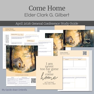 May include: A collection of study guides and artwork with the theme "Come Home." The guides include text and illustrations, with the title and author's name prominently displayed. The artwork features a house in a forest setting. The phrase "I am never too far gone to come home" is also visible.