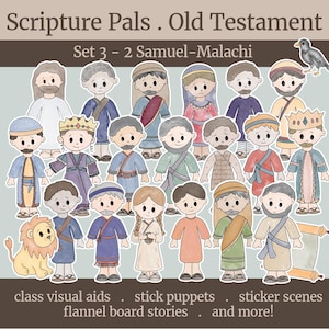 May include: A collection of illustrated characters from the Old Testament, including figures with beards, crowns, and robes. The image features the text "Scripture Pals. Old Testament" and "Set 3 - 2 Samuel-Malachi". Additional text includes "class visual aids", "stick puppets", and "sticker scenes".
