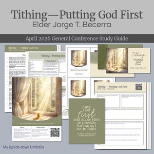 Può includere: Una raccolta di guide allo studio e schede con il titolo "Tithing - Putting God First" di Elder Jorge T. Becerra. Le guide presentano immagini di una finestra soleggiata e testo. La frase "I put God first" è anche visibile.