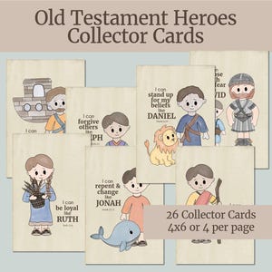 May include: A collection of illustrated Old Testament Heroes collector cards. The cards feature cartoon depictions of biblical figures like Daniel, Ruth, and Jonah, with accompanying text. The cards are 4x6 inches in size and are designed to be printed.