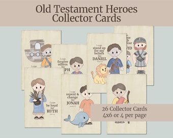 May include: A collection of illustrated Old Testament Heroes collector cards. The cards feature cartoon depictions of biblical figures like Daniel, Ruth, and Jonah, with accompanying text. The cards are 4x6 inches in size and are designed to be printed.