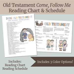 Può includere: Due grafici e programmi di lettura stampabili per l'Antico Testamento, con il testo "Old Testament Come, Follow Me Reading Chart & Schedule". I grafici includono illustrazioni e il testo "2026 Old Testament Come, Follow Me - Reading Schedule".