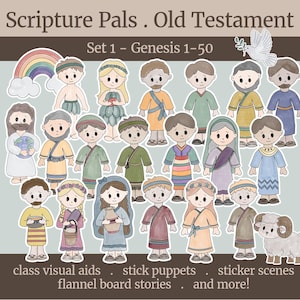 May include: A collection of colorful sticker cutouts featuring cartoon characters from the Old Testament. The image includes a rainbow, a dove, and various figures in biblical attire. Text at the top reads "Scripture Pals. Old Testament." Additional text includes "class visual aids" and "sticker scenes."