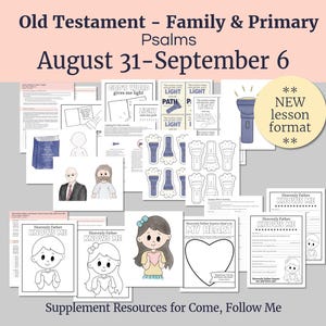 May include: A collection of printable educational activity sheets titled Old Testament - Family & Primary Psalms August 31-September 6. The pages feature black and white line art illustrations of flashlights, hearts, and figures, with text including Heavenly Father KNOWS ME.