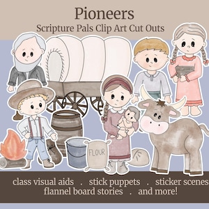 Puede incluir: Un conjunto de recortes de imágenes prediseñadas coloridas que representan a pioneros, un carro cubierto, una fogata, una vaca y una bolsa de harina. El texto "Pioneers" y "Scripture Pals Clip Art Cut Outs" está en la parte superior de la imagen. El texto "FLOUR" está en la bolsa de harina. El texto "class visual aids, stick puppets, sticker scenes, flannel board stories, and more!" está en la parte inferior de la imagen.