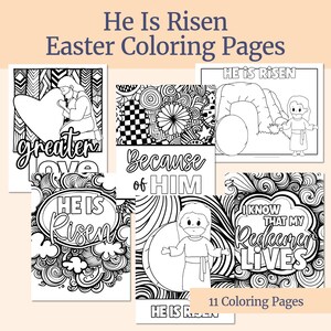 Può includere: Undici pagine da colorare in bianco e nero con temi pasquali cristiani. Le pagine presentano illustrazioni di Gesù, cuori e testi come "È risorto", "Amore più grande", "Per causa di Lui" e "So che il mio Redentore vive".