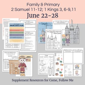 May include: A collection of printed resources for family and primary use, featuring the text "Family & Primary" and "June 22-28." The materials include worksheets, coloring pages, and cutouts related to biblical themes and lessons. The phrase "Supplement Resources for Come, Follow Me" is also present.