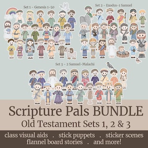 Może przedstawiać: Ilustracja postaci ze Starego Testamentu, podzielonych na trzy zestawy. Obraz zawiera tekst "Scripture Pals BUNDLE" i "Old Testament Sets 1, 2 & 3". Dodatkowy tekst wspomina "class visual aids", "stick puppets" i "sticker scenes".