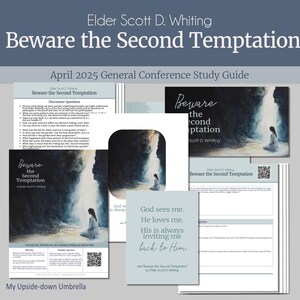 以下が含まれることがあります： 2025年4月の末日聖徒イエス・キリスト教会の総大会のための学習ガイドです。このガイドには、スコット・D・ホイティング長老の「Beware the Second Temptation」という説教からの引用が含まれています。引用は、「神は私を見ています。神は私を愛しています。神はいつも私を神のもとへ招いています。」です。このガイドには、QRコードと洞窟に座っている女性の画像も含まれています。