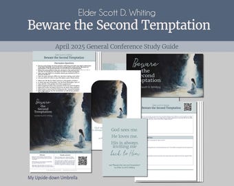 May include: A study guide for the April 2025 General Conference of The Church of Jesus Christ of Latter-day Saints. The guide features a quote from Elder Scott D. Whiting's talk, "Beware the Second Temptation." The quote reads, "God sees me. He loves me. His is always inviting me back to Him." The guide also includes a QR code and a picture of a woman sitting in a cave.