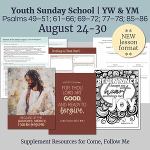 May include: A collection of religious study materials for Youth Sunday School featuring lesson sheets, a circular tag reading NEW lesson format, a portrait of Jesus, and a coloring page with the text Repentance changes my heart and brings me JOY.