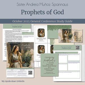 Puede incluir: Un conjunto de guías de estudio y tarjetas titulado "Profetas de Dios" de la hermana Andrea Muñoz Spannaus. El diseño presenta a una mujer con una túnica beige, con texto que incluye "Guía de estudio de la Conferencia General de Octubre de 2025".