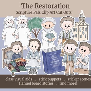Puede incluir: Un conjunto de recortes de imágenes prediseñadas coloridas con personajes del Libro de Mormón. Los personajes incluyen un hombre con una túnica blanca, una mujer con un vestido azul, un hombre con un traje marrón y un hombre con una camisa blanca. El texto "The Restoration" y "The Book of Mormon" también se incluye en la imagen.