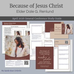 May include: A collection of printed materials, including a study guide and cards, with the title "Because of Jesus Christ" and the author's name, Elder Dale G. Renlund. The design features images of Jesus Christ and text in a variety of fonts and layouts. The color scheme is primarily brown and white.