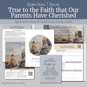 May include: A printable study guide for the April 2025 General Conference of The Church of Jesus Christ of Latter-day Saints. The guide features a quote from Elder Hans T. Boom, "I am building a legacy of faith with each small, faithful choice I make." The guide also includes a picture of a wagon train traveling through a prairie landscape.