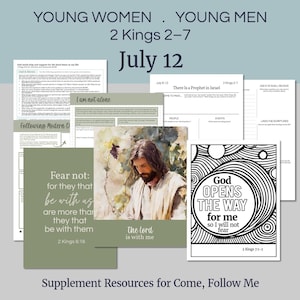 Pode incluir: Uma coleção de materiais de estudo religiosos intitulados Young Women, Young Men, 2 Kings 2-7, July 12. Inclui folhas de trabalho impressas com texto, uma ilustração estilo aguarela de um homem e uma página para colorir a preto e branco com o texto God Opens The Way For Me.