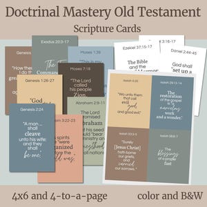 May include: A set of scripture cards for the Old Testament, with a variety of verses and quotes in different colours. The cards are available in 4x6 and 4-to-a-page formats, with colour and black & white options. The title "Doctrinal Mastery Old Testament Scripture Cards" is displayed at the top.