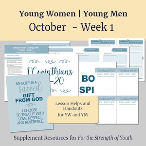 Puede incluir: Una colección de materiales de lección y folletos impresos con diseños en azul y blanco. El texto incluye Young Women | Young Men October - Week 1, 1 Corinthians 6:19-20, My Body Is A Sacred Gift From God y Lesson Helps and Handouts for YW and YM.