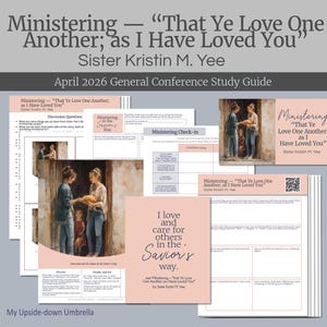 Puede incluir: Un conjunto de guías de estudio y tarjetas con el título "Ministering - 'That Ye Love One Another; as I Have Loved You'" de la hermana Kristin M. Yee. Los materiales incluyen ilustraciones y texto, con preguntas de discusión y secciones de registro. El diseño utiliza una paleta de colores rosa y blanco.