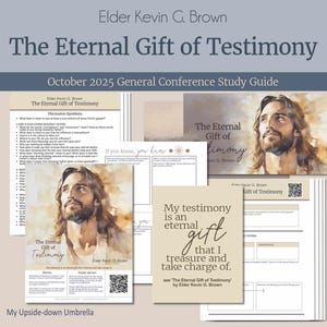 以下が含まれることがあります： エルダー・ケビン・G・ブラウン著「永遠の証の贈り物」と題された印刷物のコレクション。資料には、学習ガイド、ディスカッションの質問、証に関する引用が含まれています。画像にはイエスの肖像画が描かれています。