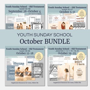 May include: A Youth Sunday School Old Testament October bundle featuring four sets of educational materials. Each set includes lesson sheets, scripture references, and illustrations with text like Blessing, Fasting, and I Knew Thee.