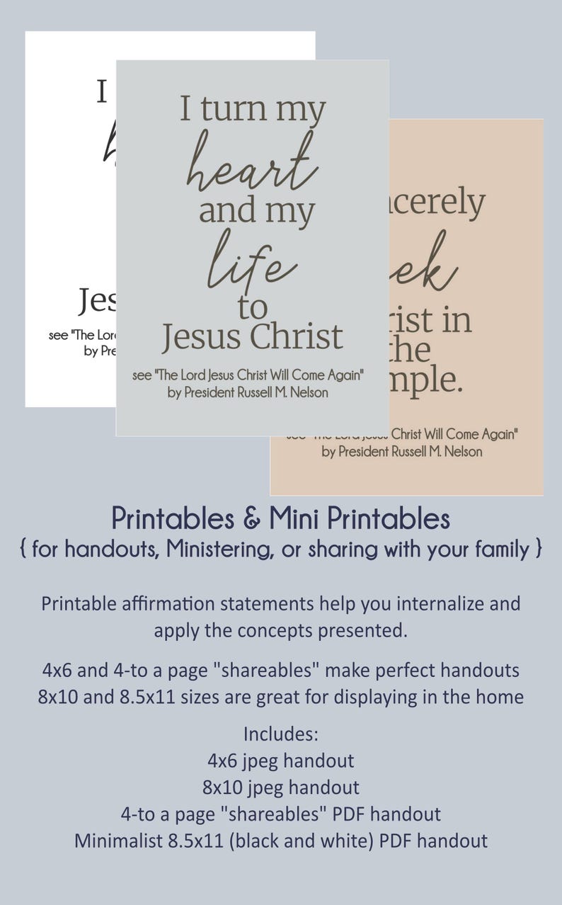 Peut inclure: Des d&eacute;clarations d'affirmation imprimables avec le texte "Je tourne mon c&oelig;ur et ma vie vers J&eacute;sus-Christ" et "Je cherche sinc&egrave;rement le Christ dans le temple." Le texte est en police marron sur un fond gris clair. Les imprim&eacute;s sont destin&eacute;s aux distributions, au minist&egrave;re ou au partage avec votre famille. Les imprim&eacute;s comprennent des documents jpeg 4x6 et 8x10, un document PDF "partageables" 4 par page et un document PDF minimaliste 8,5x11 (noir et blanc).
