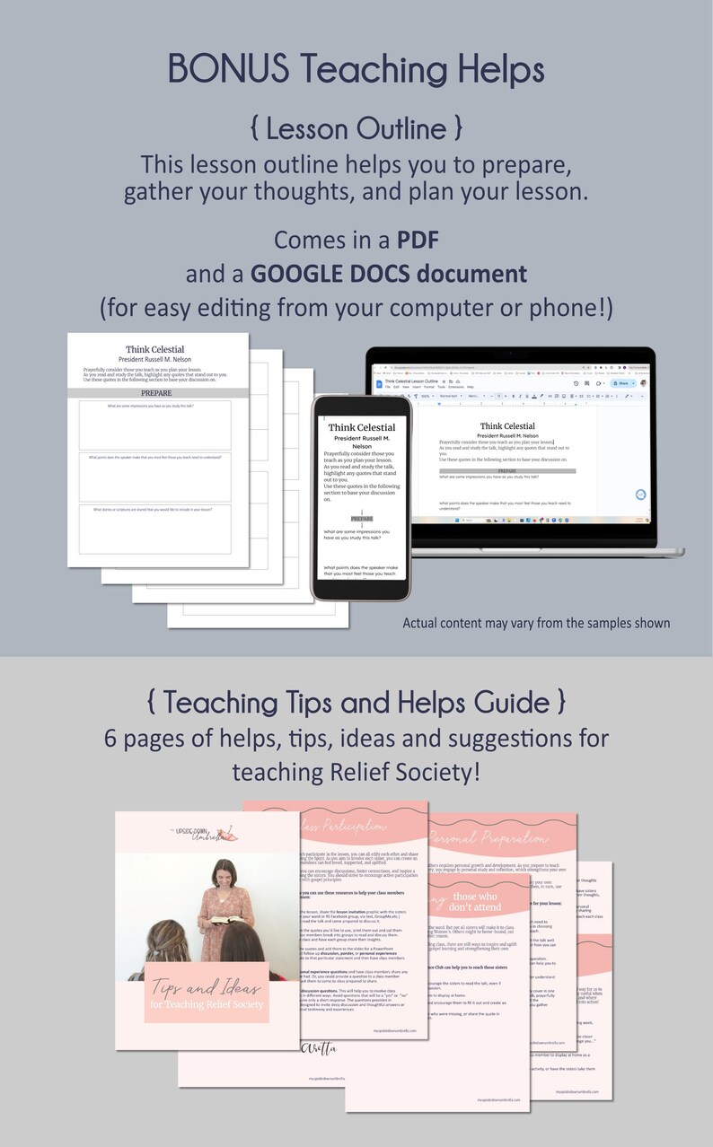 Peut inclure: Un document PDF imprimable et Google Docs avec des plans de le&ccedil;on et des conseils d'enseignement pour la Soci&eacute;t&eacute; de Secours. Le document pr&eacute;sente un sch&eacute;ma de couleurs rose et blanc avec un motif floral. Le texte de l'image indique "Think Celestial" et "Conseils et id&eacute;es pour l'enseignement de la Soci&eacute;t&eacute; de Secours".