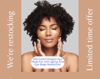 May include: A woman with dark curly hair is wearing gold under-eye patches. The text on the image reads "24k Gold Collagen Eye Mask For Anti-aging And Eye Bags Reduction" and "MAUKIHAIRANDBODY.COM".