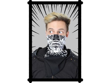 Creature From The Black Lagoon Bandanna –  Black Cotton Face Cover With White Hand-Printed Monster Design