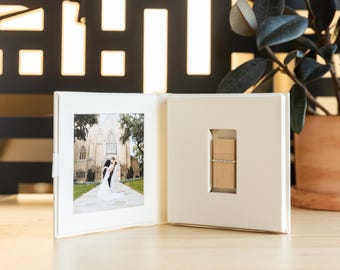 Cream Linen Photo Folio | Magnetic USB, 5x5 Matted Display