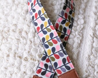 Fun 60s Brady Bunch Pattern Chic Cotton Vegan Leather Camera Strap Blue/Pink/Yellow/Orange