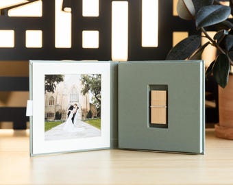 Sage Linen Photo Folio | Magnetic USB Holder, 5x5 Matted Display